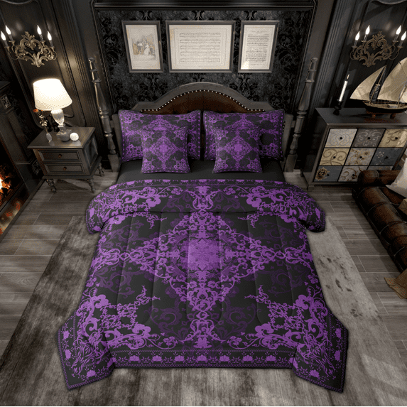 Manfei Vintage Victorian Flower 7 Pieces Bedding Comforter Set,Damask Theme Full Bedding Set,Purple Black Fitted Sheet Flat Sheet For Teens,Luxury Bedroom Decor Reversible