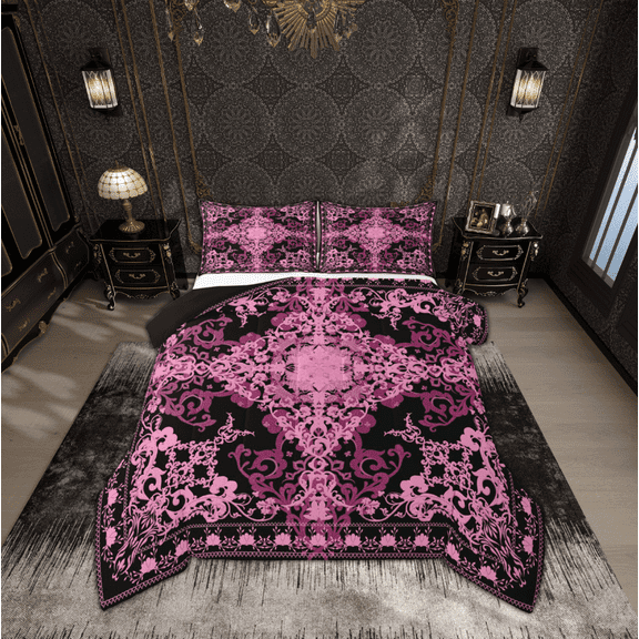 Manfei Vintage Victorian Flower Bedding Comforter Set,Damask Theme Twin Comforter Sets,Black Pink Bedding Set For Teens,Luxury Bedroom Decor Reversible,2-Piece