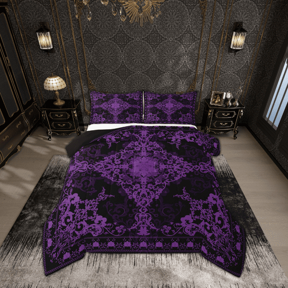 Manfei Vintage Victorian Flower Bedding Comforter Set,Damask Theme Twin Comforter Sets,Purple Black Bedding Set For Teens,Luxury Bedroom Decor Reversible,2pcs