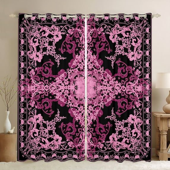 Manfei Vintage Victorian Flower Black Out Curtains,Damask Theme Curtains Pack of 2 (42x63 Each),Black Pink Bedroom Curtains For Teens,Luxury Bedroom Decor