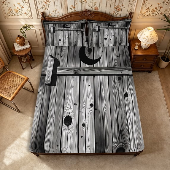 Manfei Vintage Western Barn Fitted Sheet Queen 3-Piece,Rustic Cabin Bedding,Black Gray,1 Fitted Sheet and 2 Pillowcases