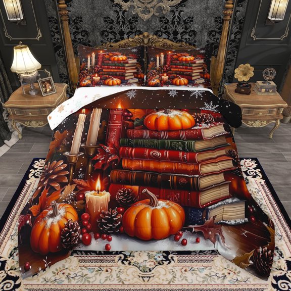 Manfei Vintage Western Books Bedding Comforter Set, Christmas Pumpkin Twin Comforter Sets, Teens Kids Adult Reversible Bedding Set, Luxury Bedroom Decor, 2-Piece