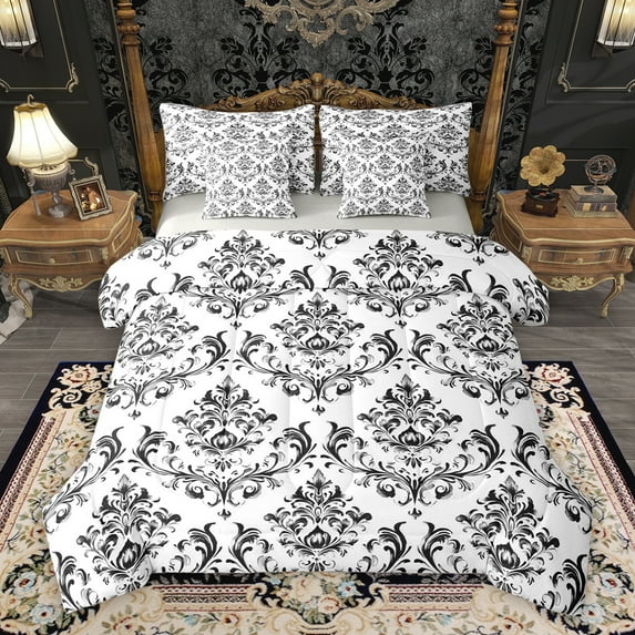 Homewish Vintage Western Damask Bedding Comforter Set 7pcs for Adult, White Black Flower Print King Bedding Sets, Boho Mandala Reversible Bed Sheets, Luxury Bedroom Decor