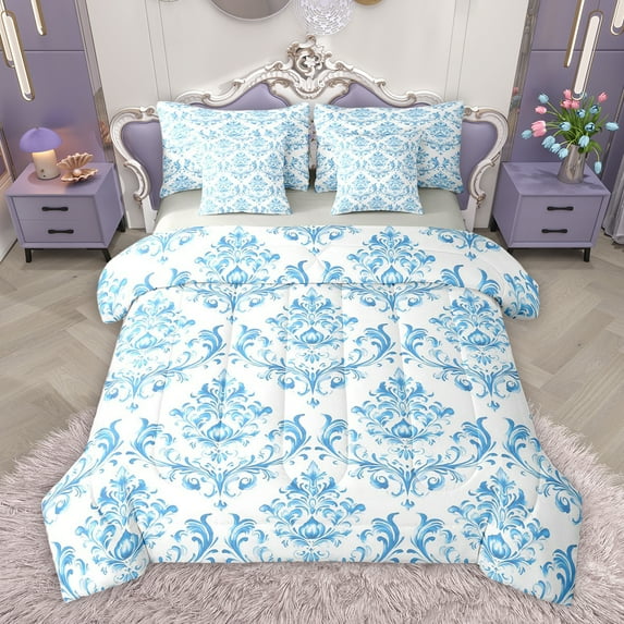 Homewish Vintage Western Damask Bedding Comforter Set 7pcs for Adult, White Blue Flower Print King Bedding Sets, Boho Mandala Reversible Bed Sheets, Ultra Soft Bedroom Decor