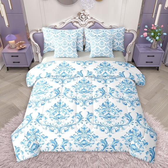 Homewish Vintage Western Damask Bedding Comforter Set 7pcs for Adult, White Blue Flower Print Queen Bedding Sets, Boho Mandala Reversible Queen Sheet Sets, Ultra Soft Bedroom Decor