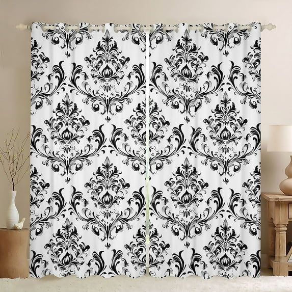 Manfei Vintage Western Damask Blackout Curtains Set of 2 (52x84 Each) for Adult, White Black Flower Print Window Curtains, Boho Mandala Curtains and Drapes, Curtains and Drapes Decor