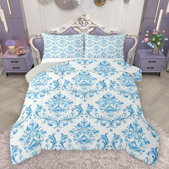 Homewish Vintage Western Damask Full Size Comforter Sets for Adult, White Blue Flower Print Bedding Comforter Set, Boho Mandala Reversible Bedding Sets, Ultra Soft Bedroom Decor, 3-Piece