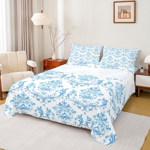 Homewish Vintage Western Damask Adult Queen Sheet Set, White Blue Mandala Bedding, 4pcs