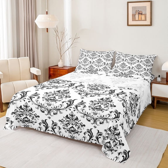 Homewish Vintage Western Damask Twin Sheet Sets for Adult, White Black Flower Print Twin Fitted Sheet, Boho Mandala Flat Sheet, Luxury Bedroom Decor, 3-Piece