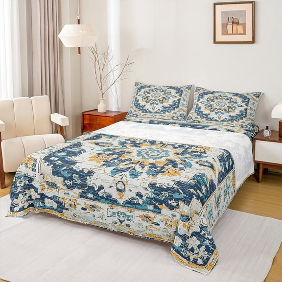 Manfei Vintage Western Damask Twin Sheet Sets, Mystic Bohemian Style Twin Fitted Sheet, Vintage Aztec Flat Sheet, Breathable Home Decor, 3pcs