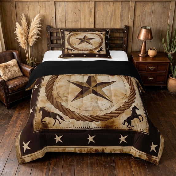 Manfei Vintage Western Stars Twin Comforter Sets,Boho Wild Horse Bedding Set,Cream Brown,Black Reversible,2pcs,1 Comforter and 1 Pillowcase
