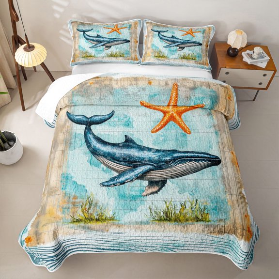Manfei Vintage Whale Twin Quilt Set for Boys and Girls, Coastal Twin Coverlet Set, 2-Piece