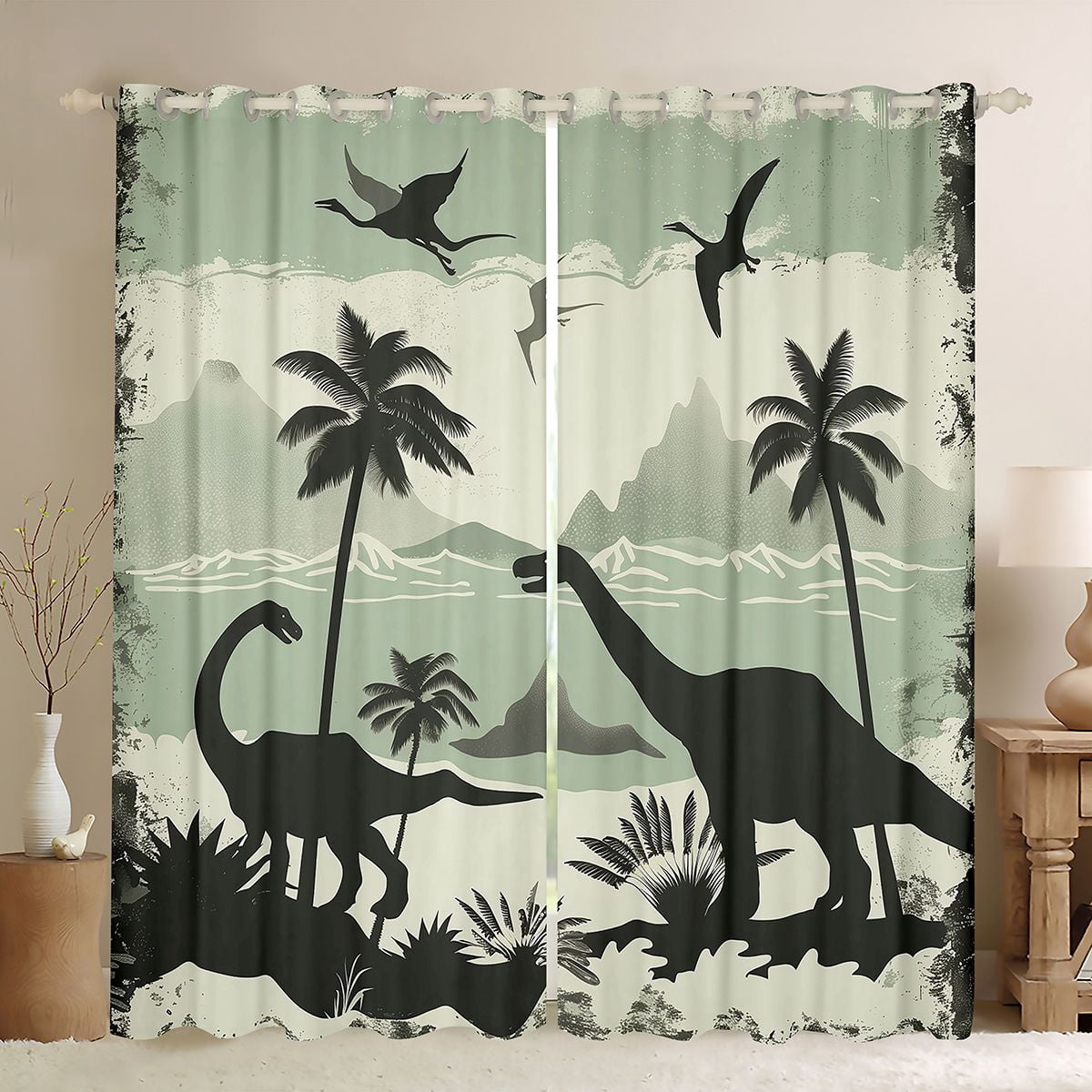 Manfei Vintage Wild Dino Black Out Curtains,Coconut Tree Curtains Pack of 2 (42x63 Each),Green Beige Bedroom Curtains For Men Women,Ultra Soft Home Decor