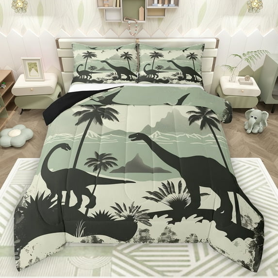 Manfei Vintage Wild Dino Full Size Comforter Sets,Coconut Tree Bedding Comforter Set,Green Beige Bedding Sets For Men Women,Ultra Soft Home Decor Reversible,3 Pieces