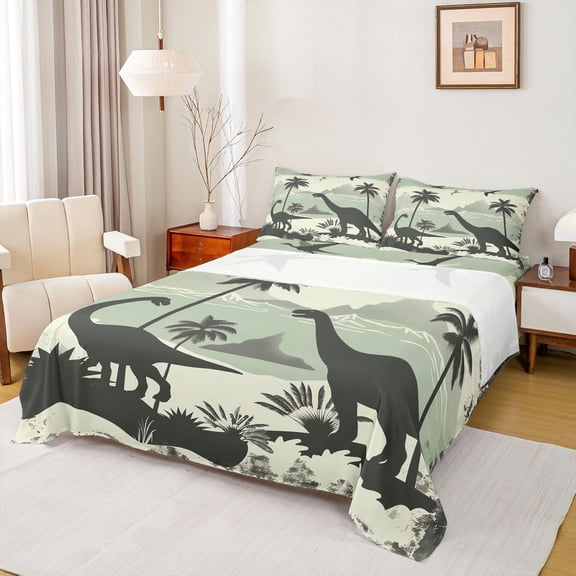 Manfei Vintage Wild Dino Queen Sheet Sets,Coconut Tree Flat Sheet,Green Beige Queen Fitted Sheet For Men Women,Ultra Soft Home Decor,4pcs