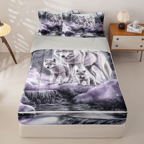 Manfei Vintage Wildlife Zipper Twin Comforter Sets with Fitted Sheet and 2 Pillowcases,Rustic Wolves Zipper Bedding Set,Gray,Light Gray Reversible,4pcs