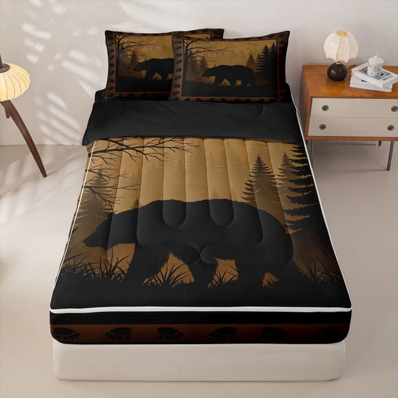 Manfei Vintage Woodland Bear Check Zipper Twin Comforter Sets with Fitted Sheet and 2 Pillowcases,Rustic Pine Grid Zipper Bedding Set,Brown,Black Reversible,4pcs