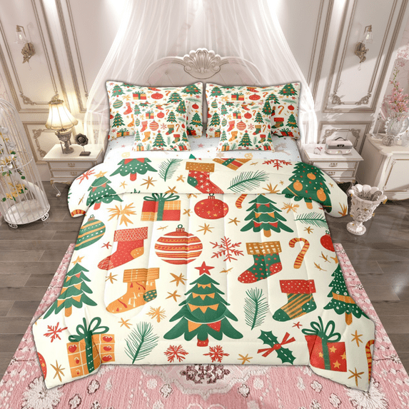 Manfei Vintage Xmas Tree Bedding Comforter Set 7-Piece, Merry Christmas Stocking Queen Bedding Sets, Snowflakes Presents Gifts Queen Sheet Sets, Super Cozy Room Decor