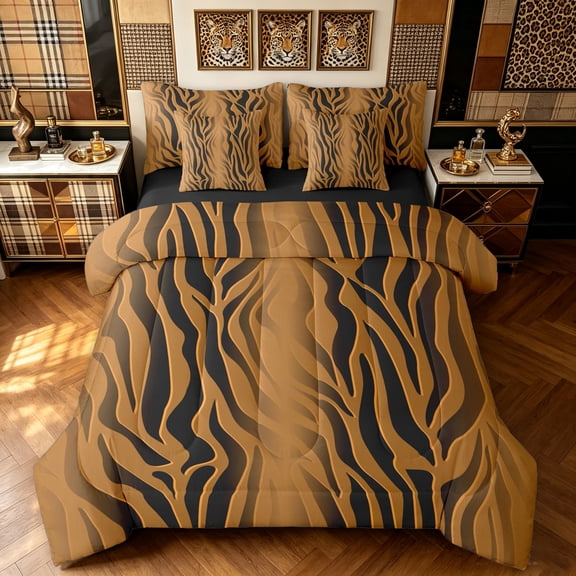 Manfei Vintage Zebra Print Full Size Bedding Sets, Old Fashion Stripes Full Size Bed in a Bag, Brown Orange, Black Reversible, 7 Pieces