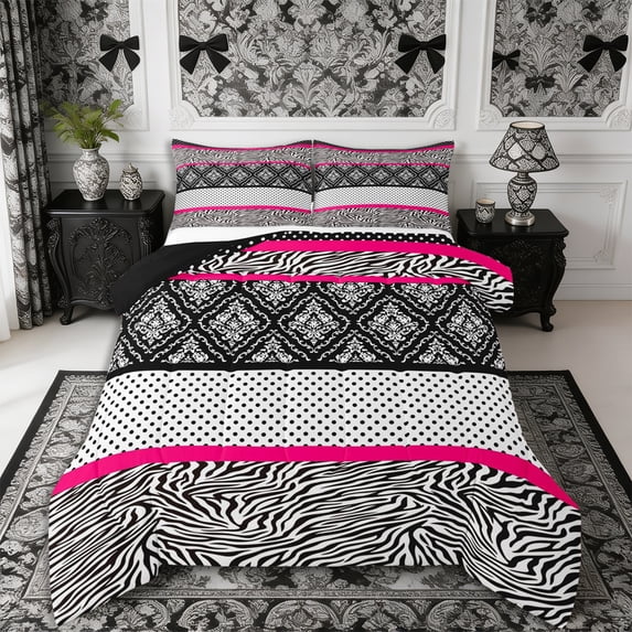 Manfei Vintage Zebra Print King Size Comforter Sets 3pcs,Boho Damask Dots Comforters King Size,1 Comforter and 2 Pillowcases,Reversible