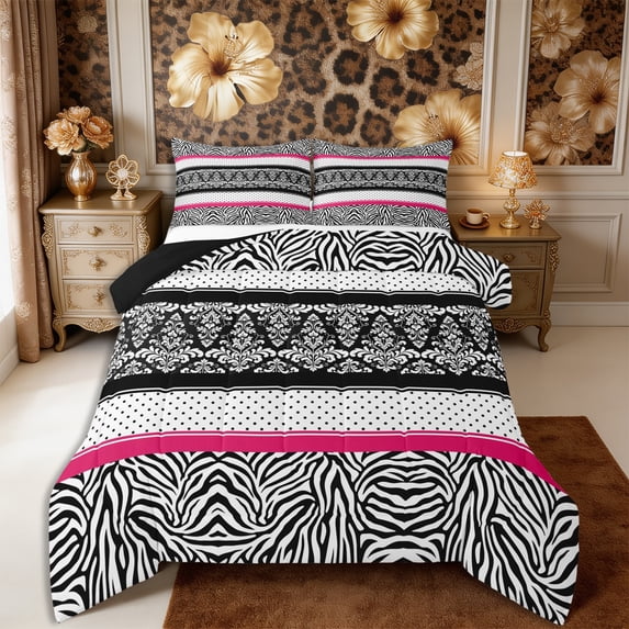 Manfei Vintage Zebra Print Queen Comforter Set 3 Pieces,Boho Damask Comforter Sets Queen,1 Comforter and 2 Pillowcases,Reversible