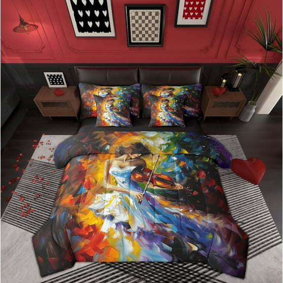 Manfei Violin Princess Twin Bedding Sets 7-Piece for Teens, Modern Fashion Bedding Comforter Set, Oil Printing Artwork Reversible Sheet Sets, Microfiber Bedroom Decor