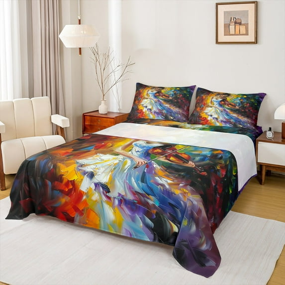 Manfei Violin Princess Twin Sheet Sets for Teens, Modern Fashion Twin Fitted Sheet, Oil Printing Artwork Flat Sheet, Microfiber Bedroom Decor, 3 Pieces