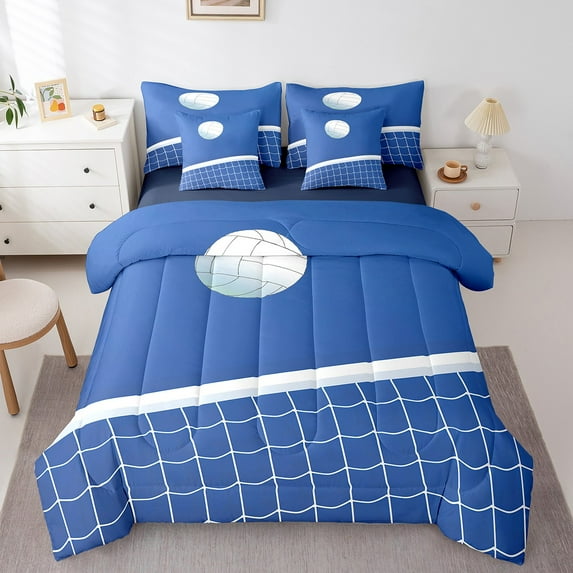 Manfei Volleyball Bed in a Bag Twin Size,Ball Sports Game Bed Set,White Blue Bedding Twin Size For Kids Blue,Lightweight Room Decor Reversible,7 Pieces