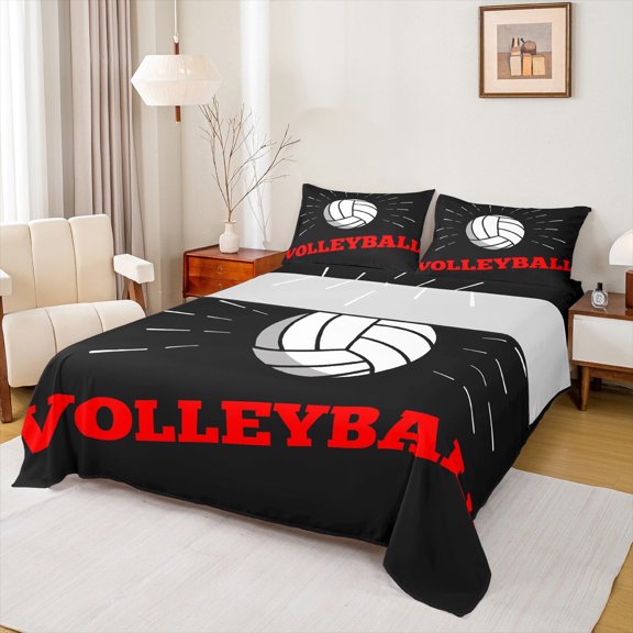 Manfei Volleyball Bed Sheets,Ball Sports Game King Sheets,White Red Black Sheet Set,Ultra Soft Bedroom Decoration,4-Piece