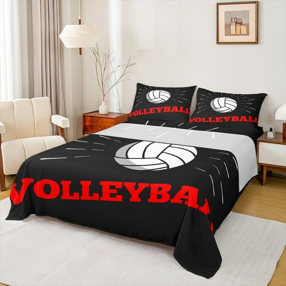Manfei Volleyball Full Size Sheets,Ball Sports Game Bed Sheets,White Red Black Sheet Sets,Ultra Soft Bedroom Decoration,4 Pieces