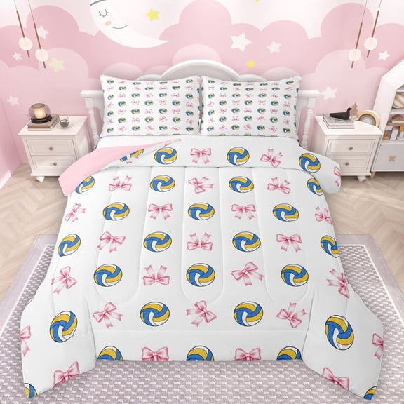 Manfei Volleyball Game Bedding Comforter Set,Kawaii Bowtie Bowknot Twin Comforter Sets,Kids Ball Sport Bedding Set For Girl Boy,Super Cozy Room Decor Reversible,2 Pieces