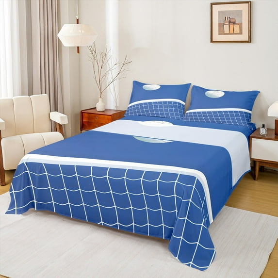 Manfei Volleyball Queen Sheet Sets,Ball Sports Game Bedding Queen Size,White Blue Bed Sheets Set Queen Size For Kids Blue,Lightweight Room Decor,4 Pieces