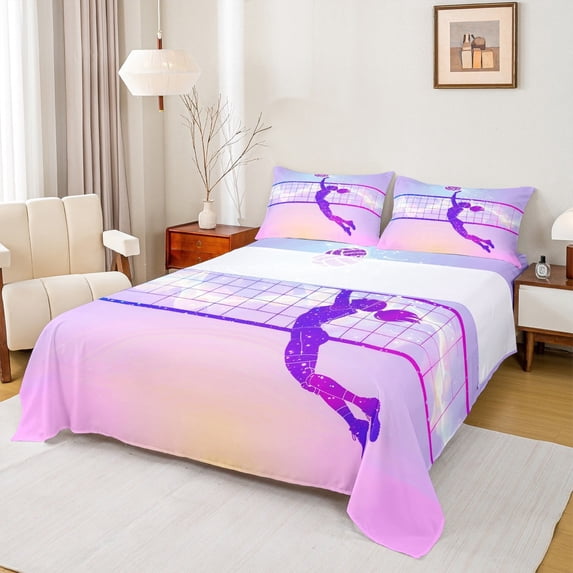 Manfei Volleyball Queen Sheet Sets,Sports Player Flat Sheet,Pink Glitter Print Queen Fitted Sheet For Girl Boys,Microfiber Room Decoration,4pcs