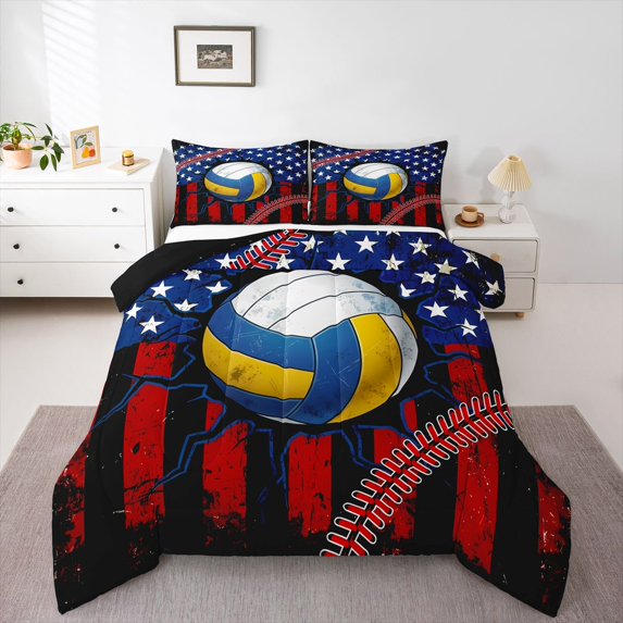 Manfei Volleyball Us Flag Full Size Comforter Sets,Retro Sport Games Bedding Comforter Set,Blue Yellow,Black Reversible,3pcs,1 Comforter and 2 Pillowcases