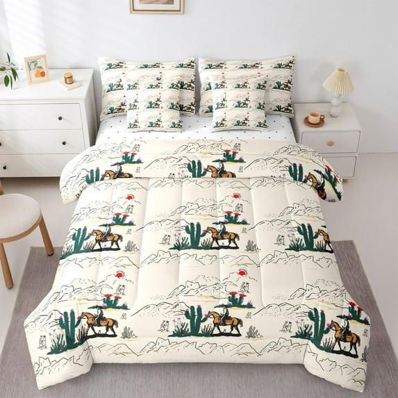Manfei Waetern Cowboys Bedding Comforter Set 7 Pieces,Rustic Desert Cactus Full Bedding Set,Sketch Farmhouse Horse Fitted Sheet Flat Sheet For Girl Kids,Breathable Bedroom Decoration,Reversible