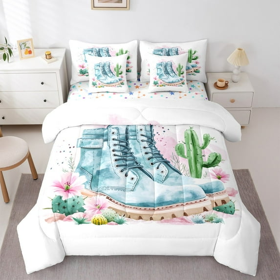 Manfei Waetern Cowboys Boots Twin Bedding Sets 7-Piece,Rustic Desert Cactus Bedding Comforter Set,Pink Flower Floral Sheet Sets For Girl Kids,Breathable Bedroom Decoration,Reversible