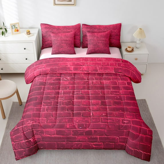 Manfei Wall Pattern 7-Piece Bedding Comforter Set,Abstract Rectangle King Bedding Sets,Brick Wall Ultra Soft Bed Sheets,Breathable Vintage Room Decorative,Reversible