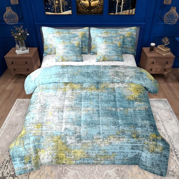 Manfei Watercolor Abstract 7-Piece Twin Bedding Sets,Modern Grunge Pastel Aesthetic Bedding Comforter Set,Blue Green White Sheet Sets For Girl Kids,Breathable Home Decor Reversible