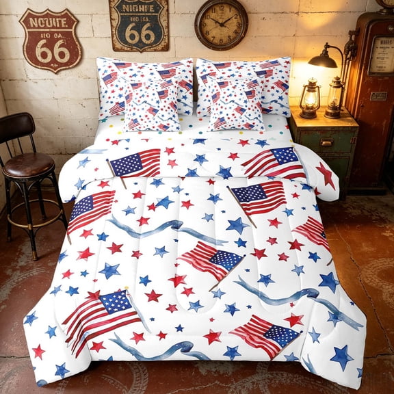 Manfei Watercolor American Flag Twin Bedding, Patriotic Star Ribbon Bedding Comforter Set, Red Blue White, Polka Dots Reversible 7pcs