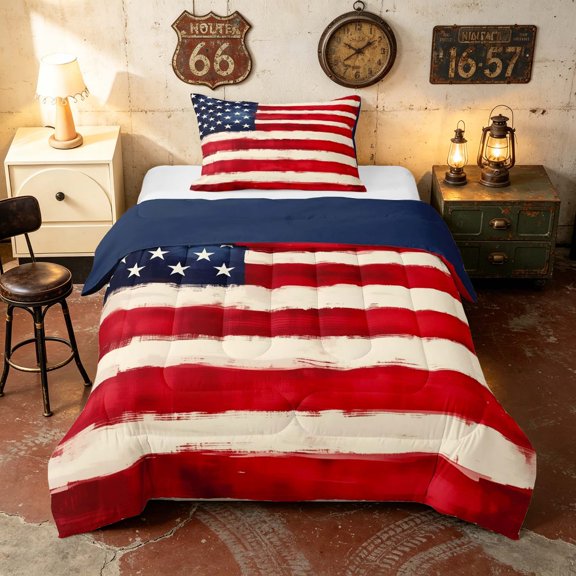 Manfei Watercolor American Flag Twin Comforter Sets, Brushstroke Patriotic Banner Bedding Set, Red White Blue, Navy Reversible 2pcs, 1 Comforter and 1 Pillowcase