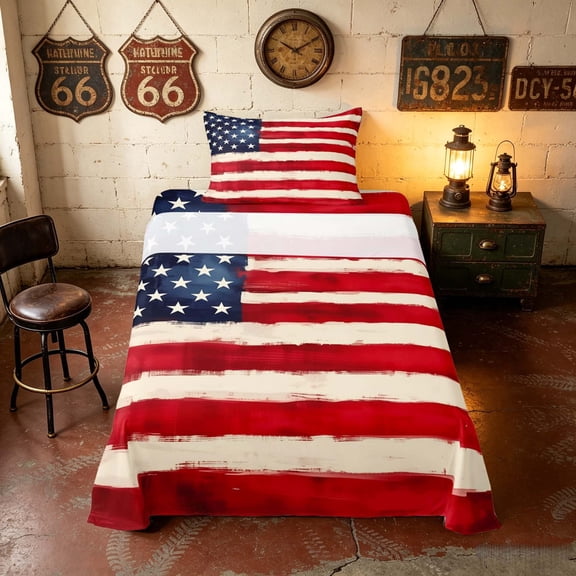 Manfei Watercolor American Flag Twin Sheets, Brushstroke Patriotic Banner Bedding, Red White Blue, Navy Reversible 3pcs (1 Flat Sheet, 1 Fitted Sheet and 1 Pillowcase)