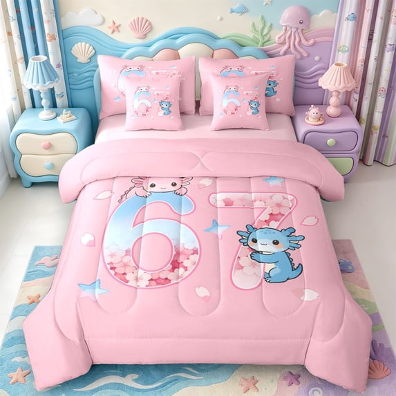 Manfei Watercolor Amphibian Axolotl 7-Piece King Bedding,Cute Salamander Pattern King Bed in a Bag,Pink Reversible