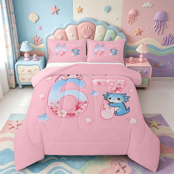 Manfei Watercolor Amphibian Axolotl Full Size Comforter Sets,Cute Salamander Pattern Bedding Comforter Set,Pink Reversible,3pcs,1 Comforter and 2 Pillowcases