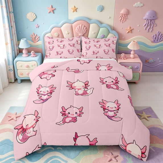 Manfei Watercolor Animal Axolotl King Size Comforter Sets,Cute Salamander Pattern Comforters King Size,Pink Reversible,3-Piece,1 Comforter and 2 Pillowcases