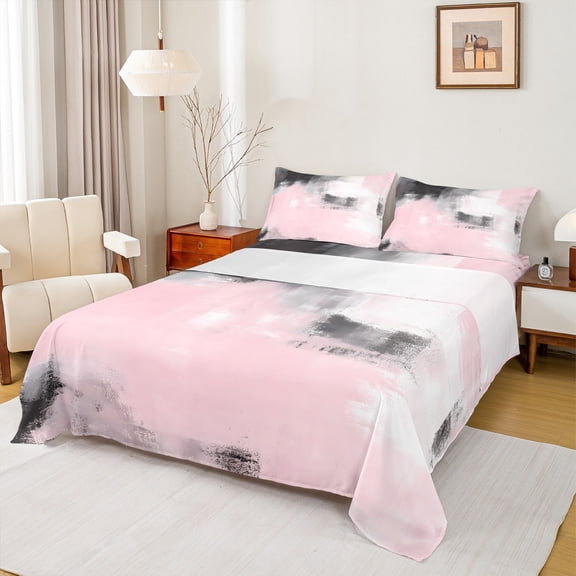 Manfei Watercolor Artwork Bed Sheets 4pcs, Pink Gray Aesthetic King Sheets, Ombre Oil Painting Sheet Set, Luxury Bedroom Decor