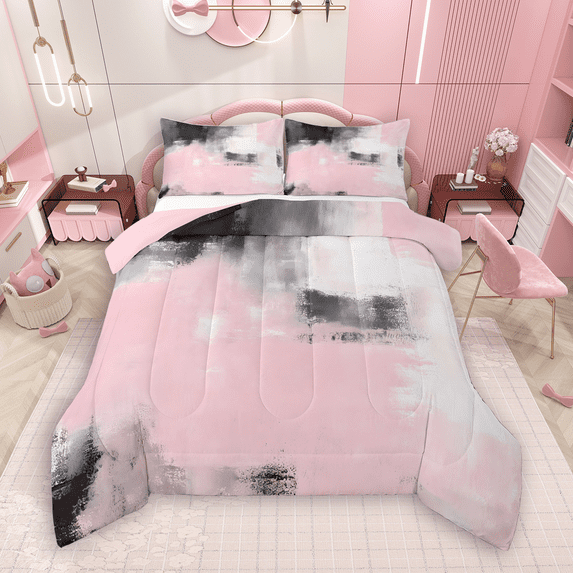 Manfei Watercolor Artwork Bedding Comforter Set 2pcs, Pink Gray Aesthetic Twin Comforter Sets, Ombre Oil Painting Bedding Set, Luxury Bedroom Decor