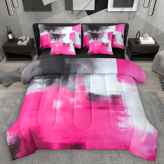 Manfei Watercolor Artwork Bedding Comforter Set 7-Piece, Hot Pink Gray Aesthetic Full Bedding Set, Ombre Oil Painting Fitted Sheet Flat Sheet, Lightweight Room Decor