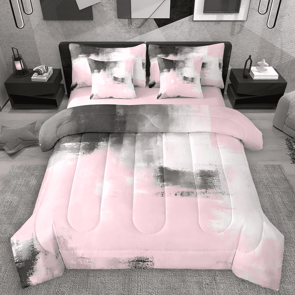 Manfei Watercolor Artwork Bedding Comforter Set 7 Pieces, Pink Gray Aesthetic Queen Bedding Sets, Ombre Oil Painting Queen Sheet Sets, Luxury Bedroom Decor