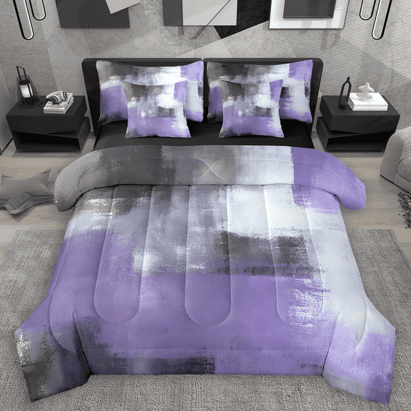 Manfei Watercolor Artwork Bedding Comforter Set 7pcs, Purple Gray Aesthetic King Bedding Sets, Ombre Oil Painting Bed Sheets, Microfiber Bedroom Decor