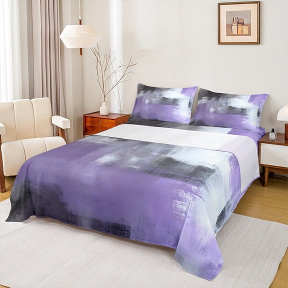 Manfei Watercolor Artwork Queen Sheet Sets 4 Pieces, Purple Gray Aesthetic Flat Sheet, Ombre Oil Painting Queen Fitted Sheet, Microfiber Bedroom Decor
